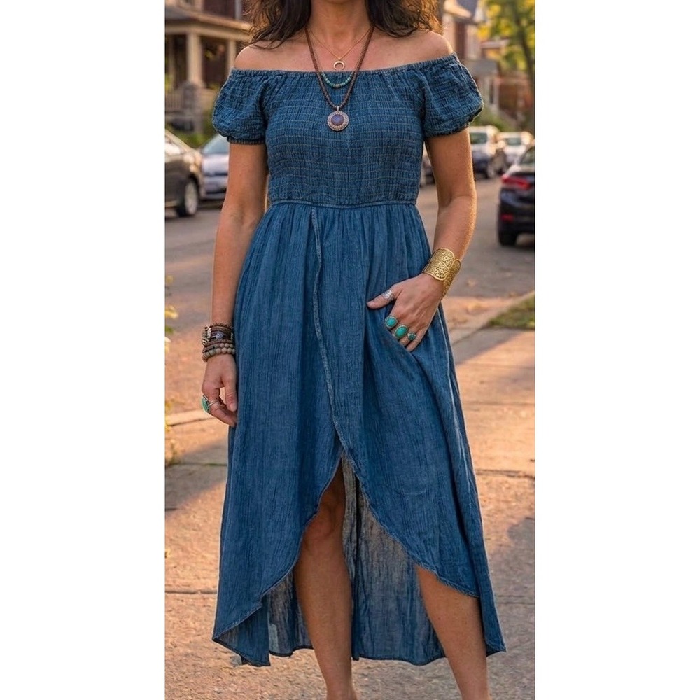 NWT Sacred Threads Smocked Chambray Blue Off Shoulder High Low Faux Wrap Dress L